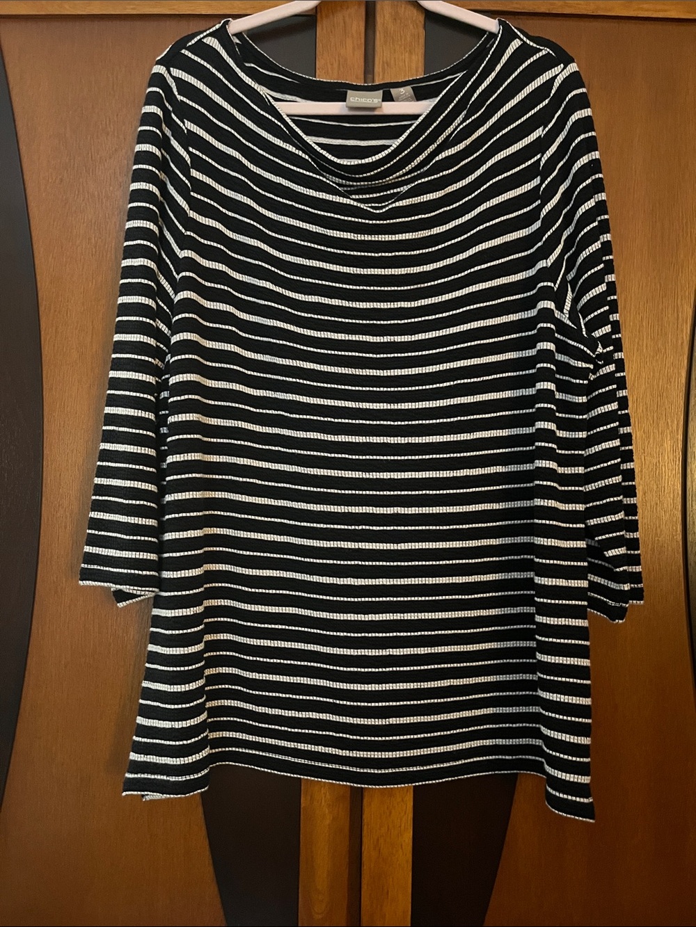 Chico's Black & White Striped Textured Knit Top w/Draped Neck & Long Sleeves